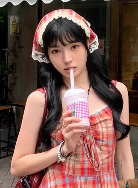 韩系蕾丝花边红色格纹头巾女夏季薄款氛围感搭配田园风三角巾头饰