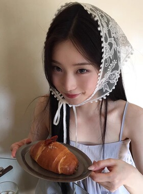韩系网红ins出游钩花蕾丝三角头巾女夏季可爱甜美绑发带拍照头饰