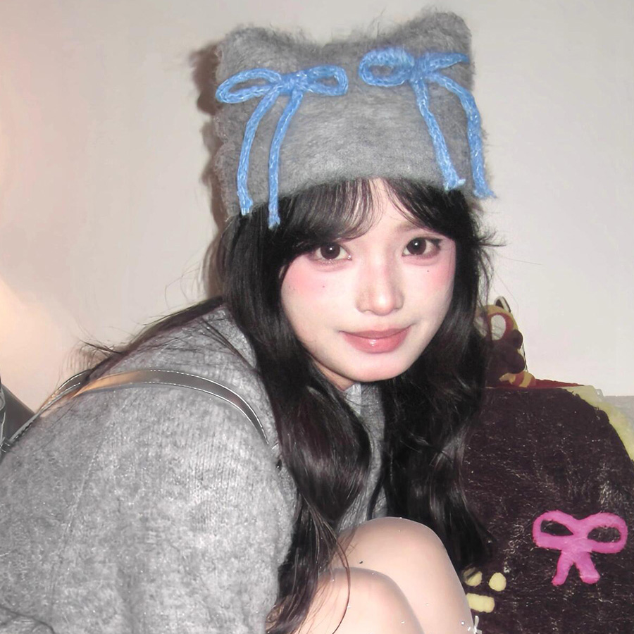 韩版可爱少女蝴蝶结猫耳帽子y2k亚文化保暖针织毛线帽冷帽秋冬天 - 图0