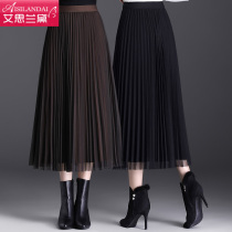 Hair on two sides wearing mesh yarns half body dress Women autumn winter 2023 new high waist A Chinese character dress medium length 100 pleats large swing long dress