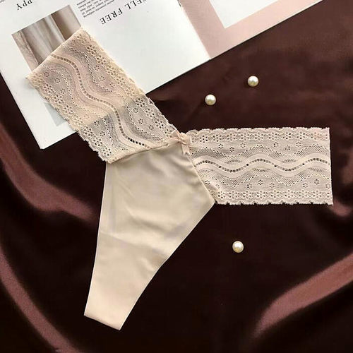 新品奢华性感丝滑一片式无痕丁字裤T字内裤女中低腰短裤蕾丝V腰头 - 图2