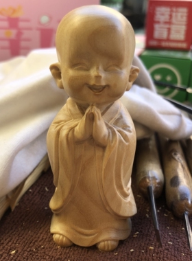 奇木手作黄杨木雕小沙弥摆件实木复古禅意家居办公室装饰工艺品
