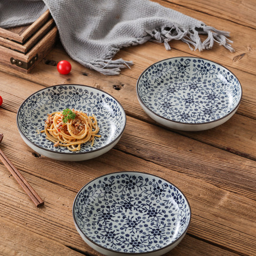 日式釉下彩青花8英寸陶瓷盘子家用创意复古深盘菜盘子汤盘饺子盘-图2