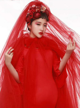 中式红色旅拍结婚森系造型头纱