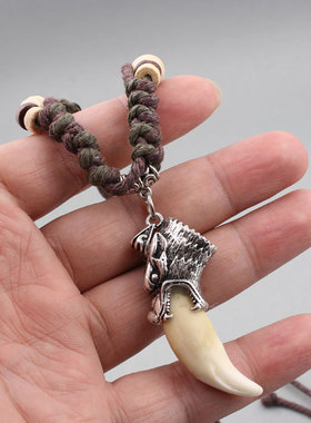 狼头复古做旧925纯银包牙项链