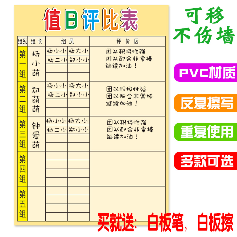 重复擦写班级值日评比表 学生轮值管理 磁性墙贴 宿舍管理值日表