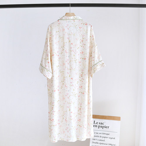 夏季人造棉睡裙女短袖中长款棉绸家居服开衫翻领碎花超薄空调凉快 - 图2