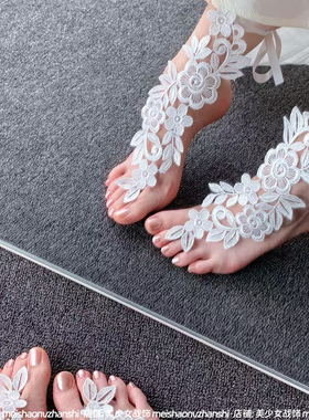 纯欲足饰 性感镂空白色蕾丝女脚脖装饰拍照写真绑带脚链