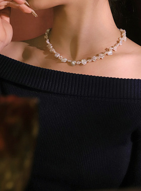 原创天然珍珠花朵编制项链女气质百搭锁骨链小众轻奢高级感脖颈链