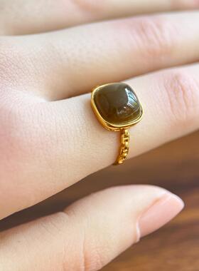 天然和田玉镶嵌糖玉方糖戒指新中式古典s925银开口戒饰品首饰