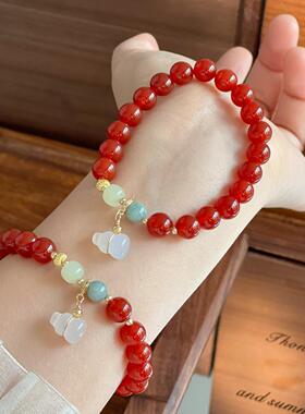 天然红玛瑙手串玉髓葫芦吊坠马年吉祥中国红串珠手链饰品直播