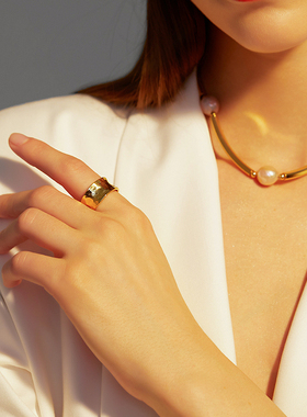 摩登博物馆铜镀18k金戒指明星张瑶推荐款原创设计开口肌理食指戒