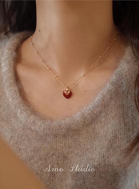 AO磨坊红色爱心项链女春夏高级感甜美轻奢小众锁骨链礼物