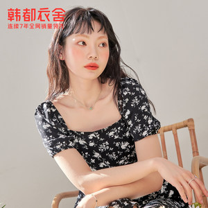 韩都衣舍碎花连衣裙夏装新款女装韩版方领收腰高腰裙子PR0239