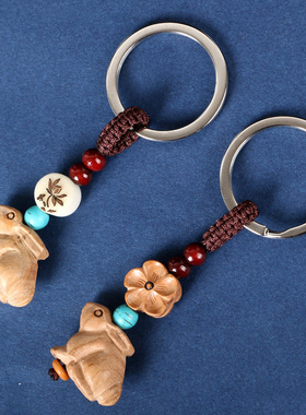 立体十二生肖属相桃木兔子红绳