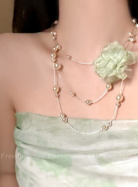 氧气女友！原创超仙花朵珍珠叠戴项链女多层choker颈链夏天锁骨链