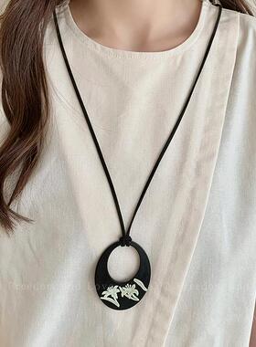 复古新中式椭圆花草绑带项链简约高级感夏季长款卫衣链T恤链配饰