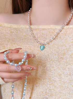 海洋之心~韩版甜美气质爱心珍珠串珠项链女夏季高级感锁骨链配饰