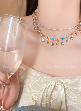 海岛低语~蓝色贝壳锆石流苏项链女海边拍照出片锁骨链高级感颈链