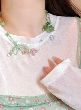 超仙彩色蝴蝶结珍珠花朵项链女夏日多巴胺彩色水晶颈链锁骨链配饰