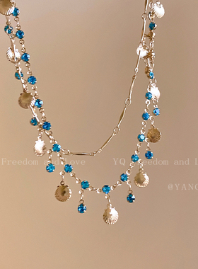 海岛低语~蓝色贝壳锆石流苏项链女海边拍照出片锁骨链高级感颈链