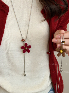 红色丝绒花朵可抽拉项链女韩系日常百搭长款毛衣链小众设计感配饰