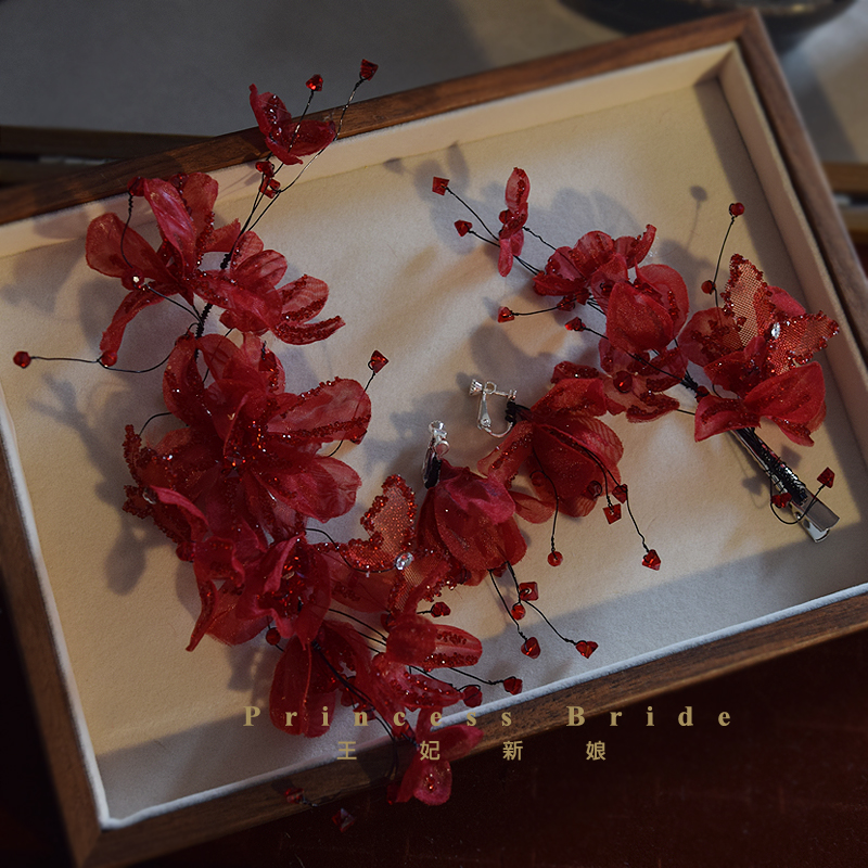 森系喜庆红色烫花边夹套装项链耳饰新娘结婚敬酒服头饰跟妆发饰品 - 图0