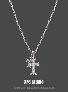 欧美镶钻双十字架项链男士潮牌
