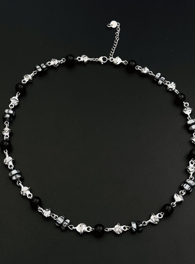 碎银子黑色串珠项链男小众锁骨链