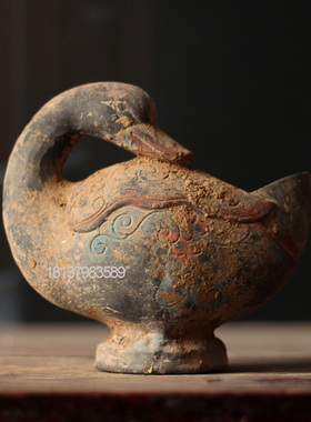 陶鸳鸯仿古画彩工艺品摆件