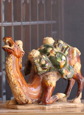唐三彩仿古丝绸之路仰天跪地陶驼纯手工艺术品复古怀旧装饰大摆件