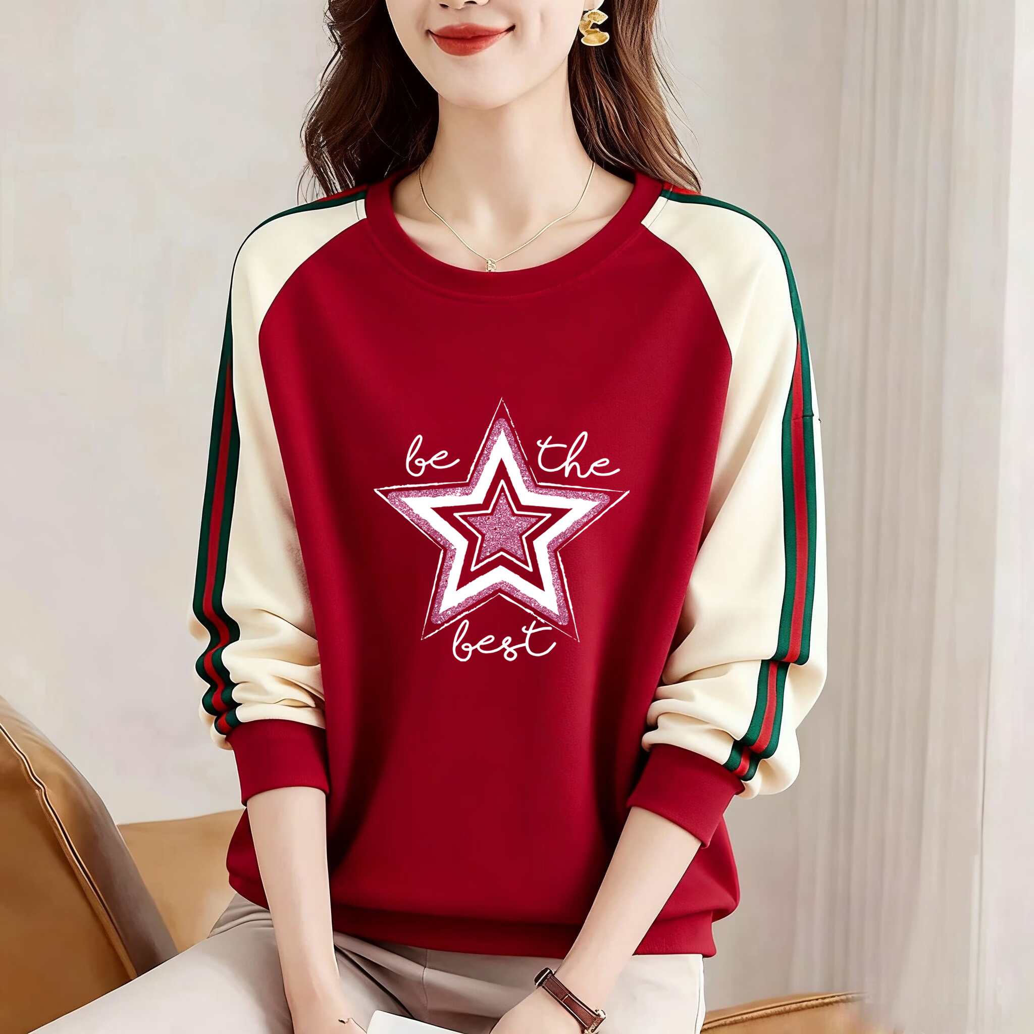 外贸女装清仓捡漏圆领长袖拼接休闲气质减龄上衣高档纯棉100%卫衣 - 图1