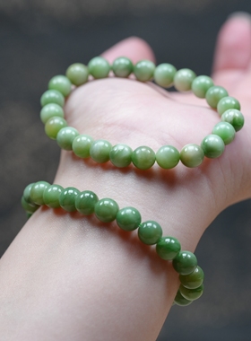 神秘釉色。新疆且末黑羊洞碧玉8毫米唐三彩圆珠手链  配证书