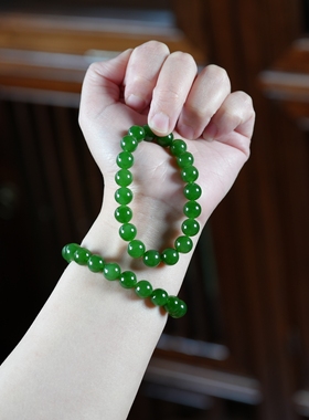 终朝采绿。俄碧玉老坑10毫米辣阳绿圆珠手链串女 19颗