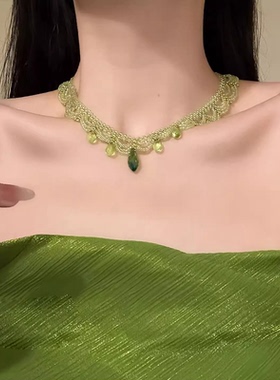 2026年新款春夏绿色蕾丝串珠项链多层叠戴锁骨链颈链百搭配饰女
