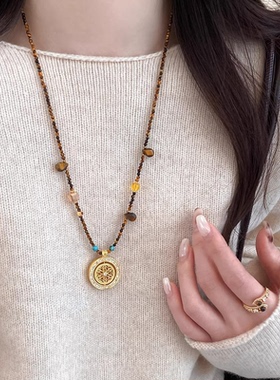 天然虎眼石罗盘长款吊坠项链轻奢小众高级感新中式毛衣链秋冬配饰