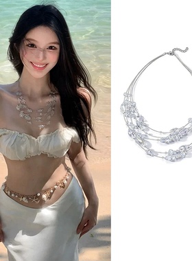 海岛度假风！超仙水钻多层串珠项链女轻奢小众气质锁骨链海边配饰