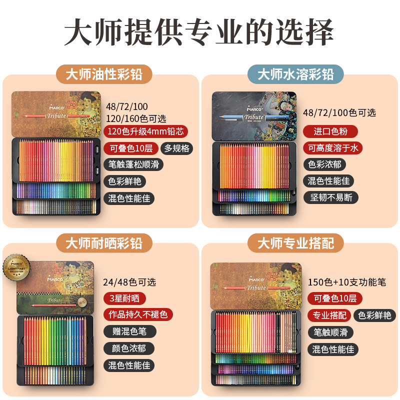 Marco马可大师系列耐光性专业美术彩色铅笔套装雪松木制耐晒彩铅笔专业手绘套装