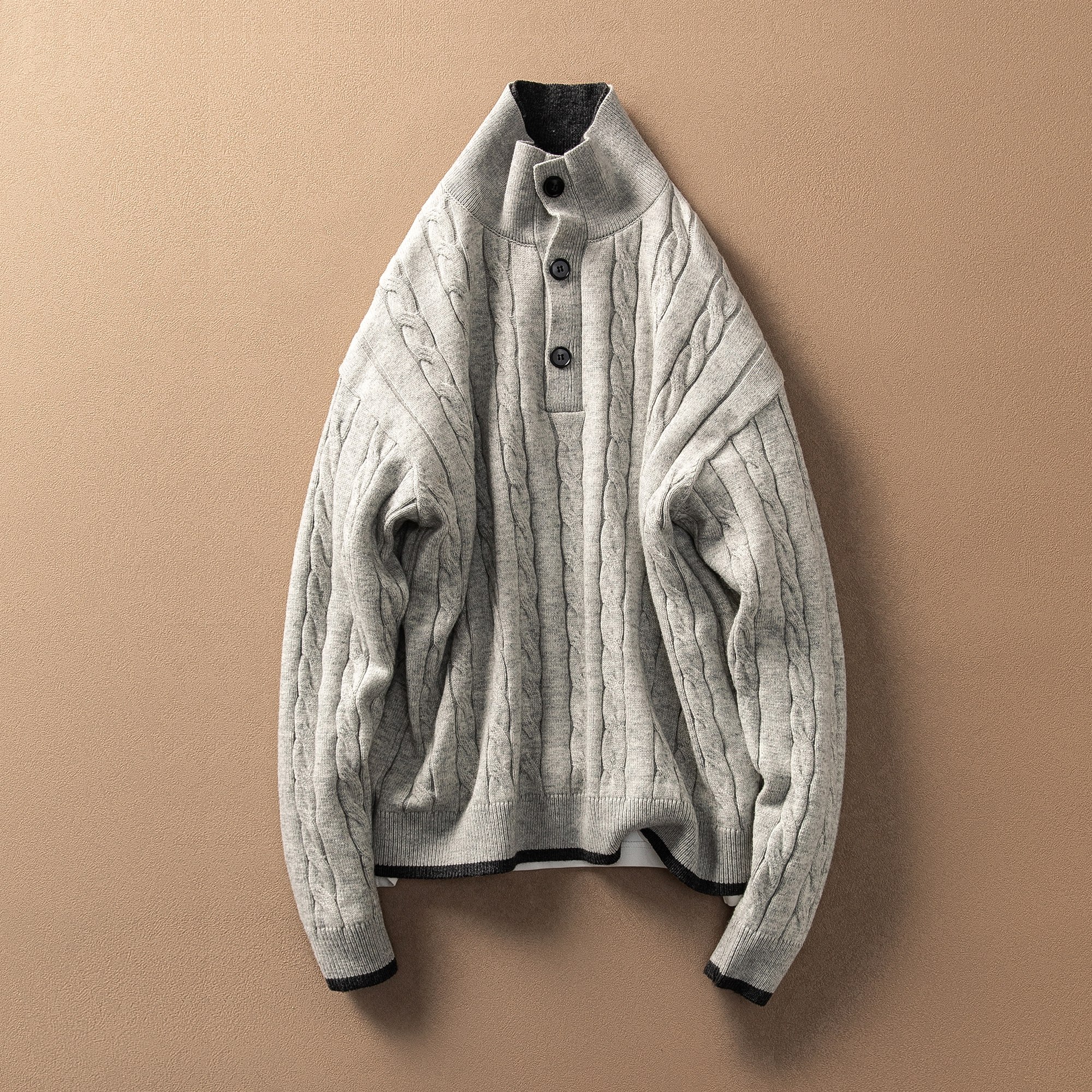 老钱风双层立领绞花针织衫男冬季软糯保暖羊毛混纺纽扣半开襟毛衣,淘宝优惠券,粉丝福利购,淘宝优惠卷