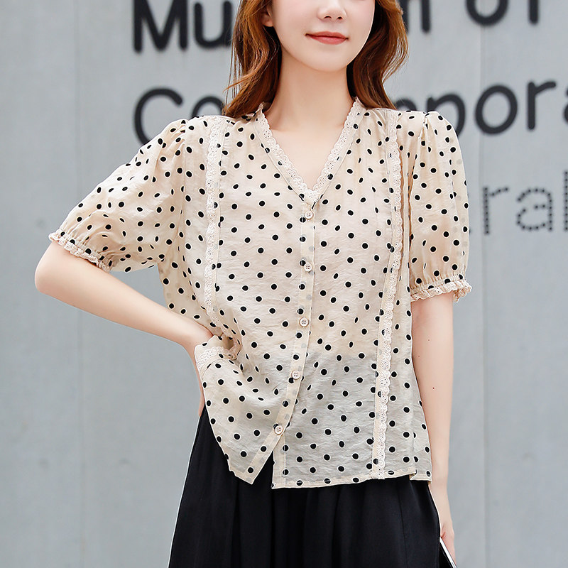 波点女短袖2020夏季新款韩版雪纺衫 碧沁伊人蕾丝衫/雪纺衫