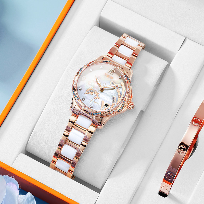 罗宾尼十大正品陶瓷女士女款机械表 lobinni钧驰国产腕表