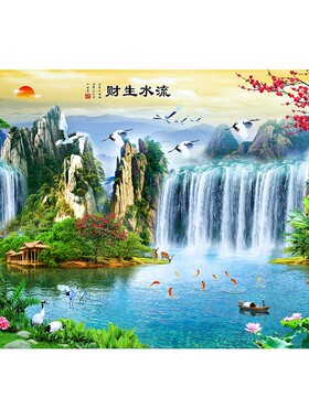 家居客厅装饰壁画山水画海报瀑布流水生财风水画背胶八骏图墙贴纸