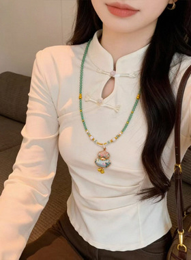 新中式国风仿宋锦葫芦福禄天然石串珠项链配旗袍汉服复古风女衣链