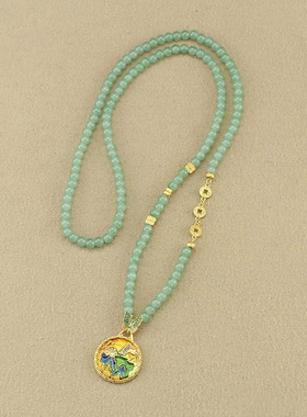 2025中国风金色圆牌绿色串珠项链女景泰蓝新式长款毛衣链汉服配饰