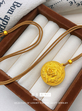 新中式黄金色古法沙金镂空富贵牡丹花吊坠女士挂绳牡丹花时尚项链
