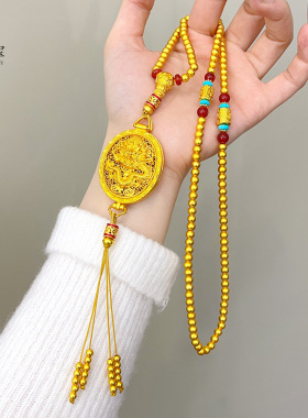 2025新款沙金古法錾刻龙纹香囊佛珠项链女款108颗莲花三通毛衣链