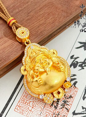男女款古法沙金镶钻马上有钱财神爷吊坠黄金色新中式镂空挂坠项链