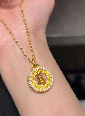 2026女款金店同款古法点钻麦穗可转动葫芦吊坠新中式圆形挂坠项链