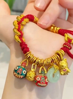周家同款碧玉平安扣吞金兽盘缠手链女编绳沙金五帝钱腰缠万贯手串