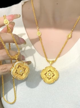 2026周家同款国韵牡丹纹黄金色沙金点钻拉丝四盒如意锁骨链女项链